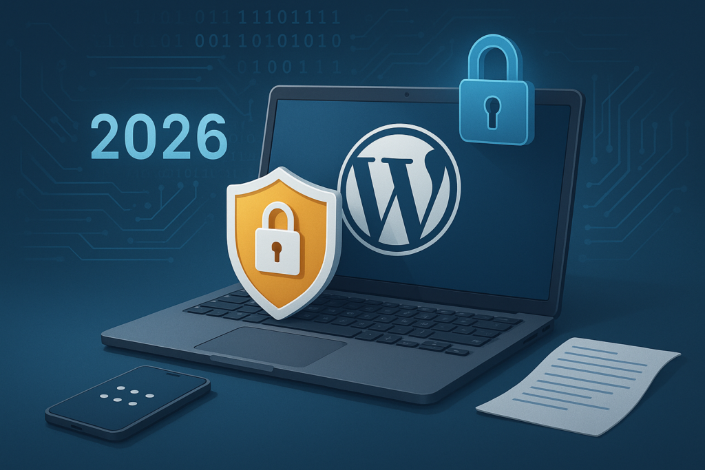 WordPress-Sicherheit 2026: Laptop mit Sicherheitsschloss, Schutzschild und WordPress-Logo auf blauem Hintergrund mit Binärcode