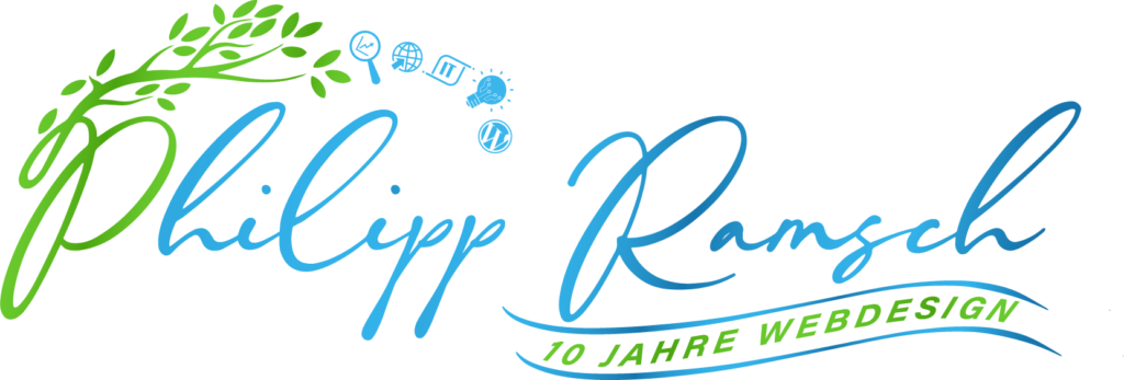 Philipp Ramsch Webdesign Logo mit grünem Baum, blauer Schrift und IT-Symbolen für 10 Jahre Erfahrung.