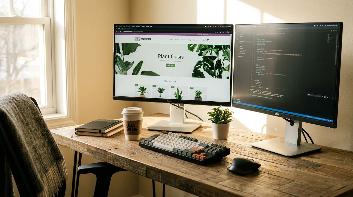 Moderner Entwickler-Arbeitsplatz mit WooCommerce-Shop und Code-Editor auf zwei Bildschirmen