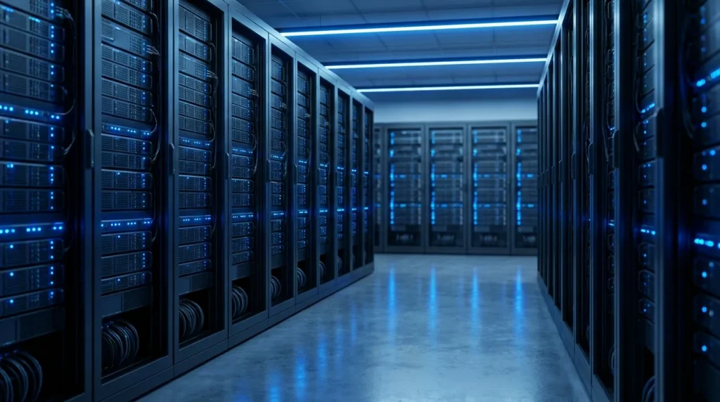 Modernes Rechenzentrum mit blauen LED-Reihen und aufgeräumten Server-Racks