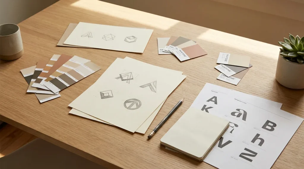 Corporate-Design-Arbeitsplatz von oben mit Farbmustern, Typografie-Proben und Logo-Skizzen