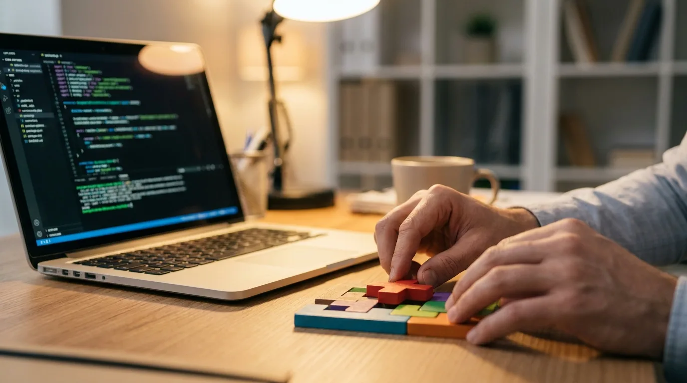 Hände setzen Puzzleteile neben einem Laptop mit Code zusammen — Sinnbild für modulare Plugins