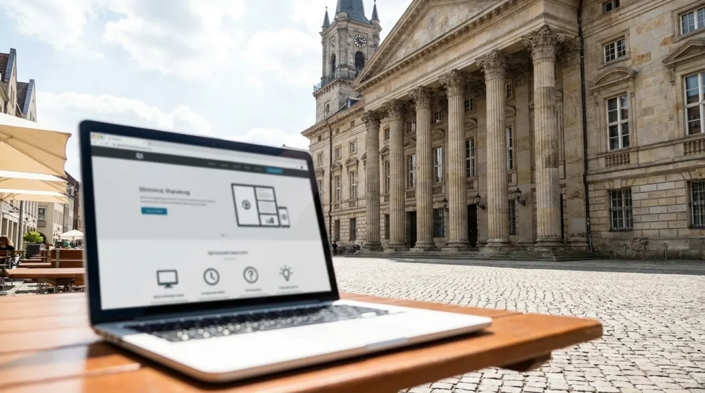 Historisches Rathaus mit Säulen, davor ein Laptop mit barrierefreier Webseiten-Oberfläche