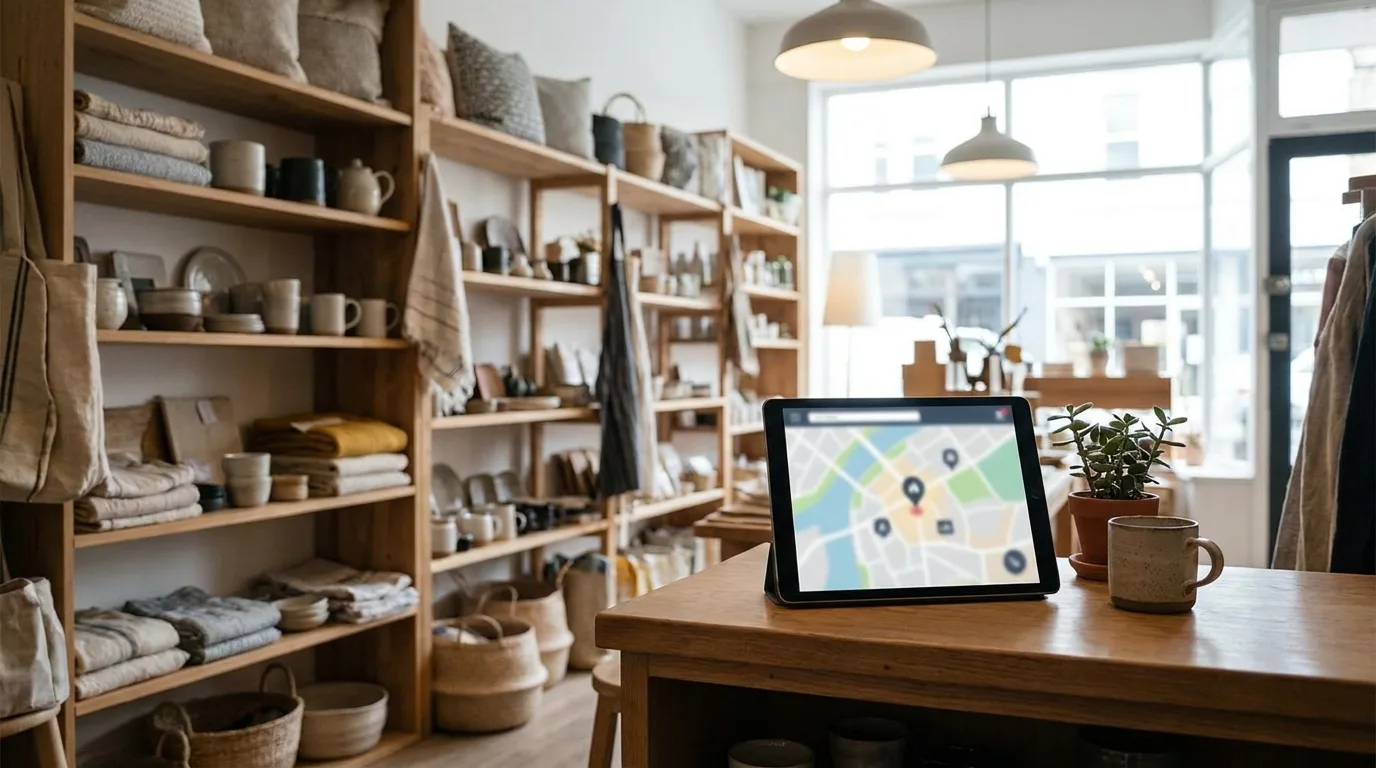 Gemütlicher Einzelhandelsladen, auf dem Tresen ein Tablet mit lokaler Geschäfts-Webseite und Karte