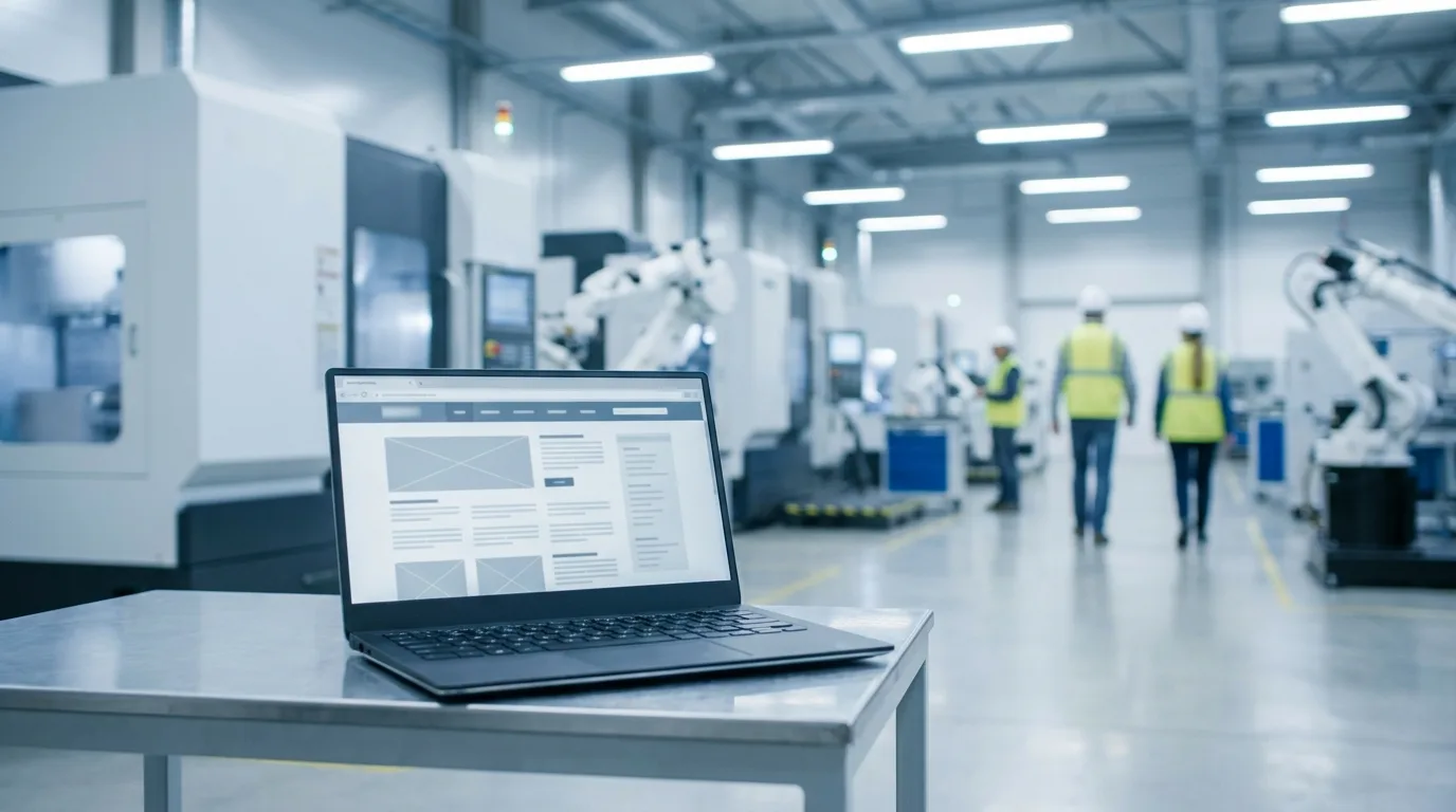 Moderne Fabrikhalle mit Maschinen, im Vordergrund ein Laptop mit strukturierter B2B-Firmenwebseite
