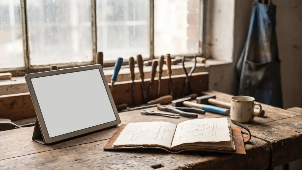 Tablet und Notizbuch mit Prozessskizze in einer Werkstatt