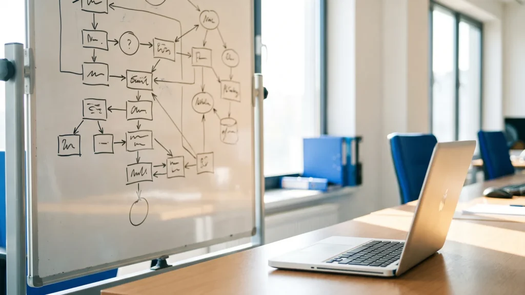 Whiteboard mit Prozessdiagramm neben einem Laptop