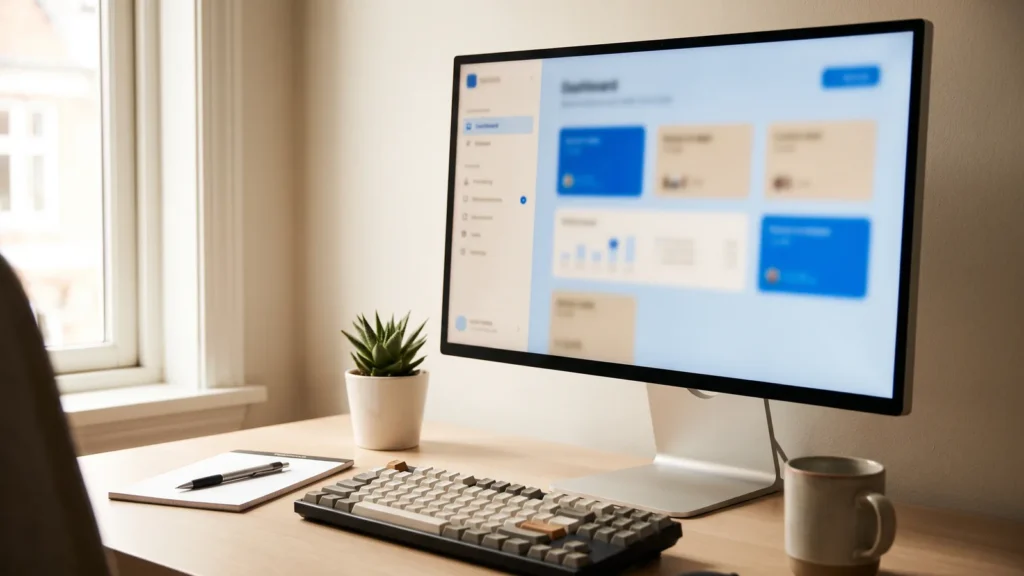 Monitor mit Portal-Oberfläche in einem kleinen Büro
