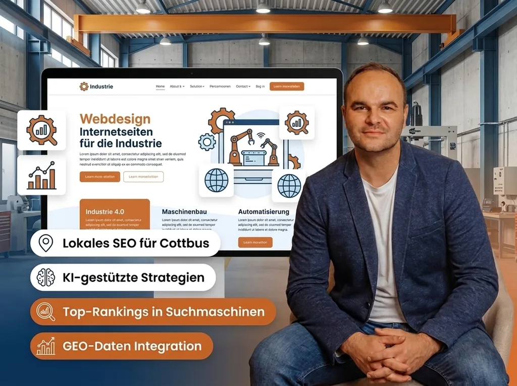Mann im blauen Blazer sitzt vor Laptop mit Webdesign-Beispiel für Industrie 4.0 und SEO-Services Cottbus.
