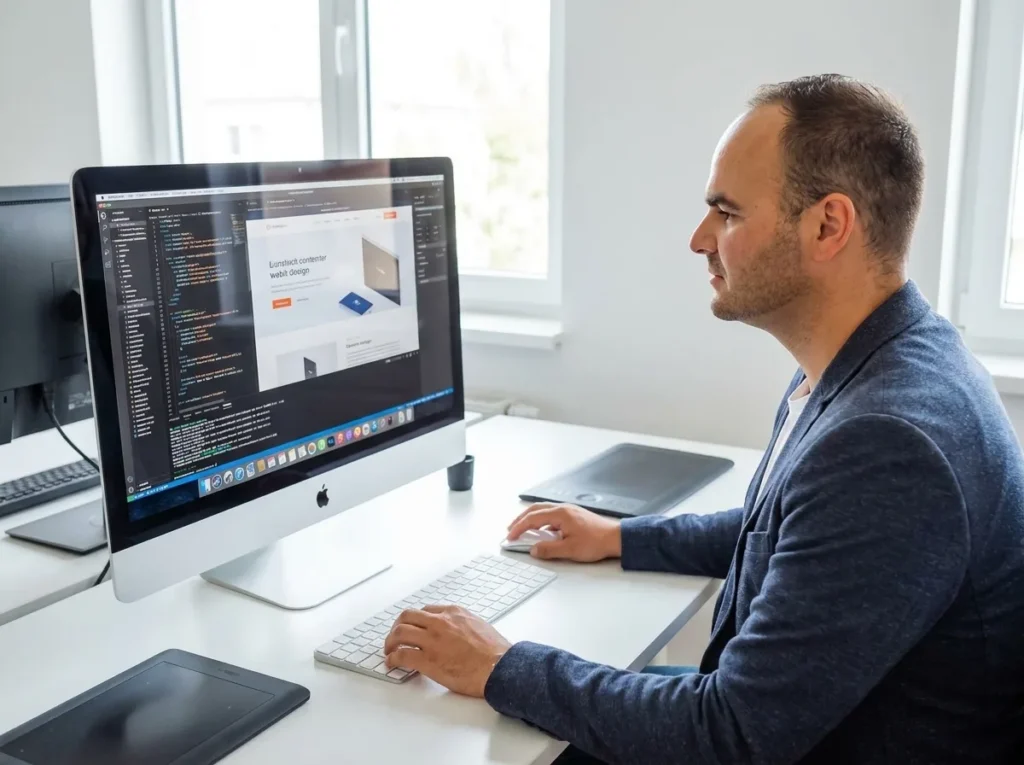 Webdesigner arbeitet an Webdesign-Projekt am iMac mit Code-Editor und Website-Preview in moderner Agentur