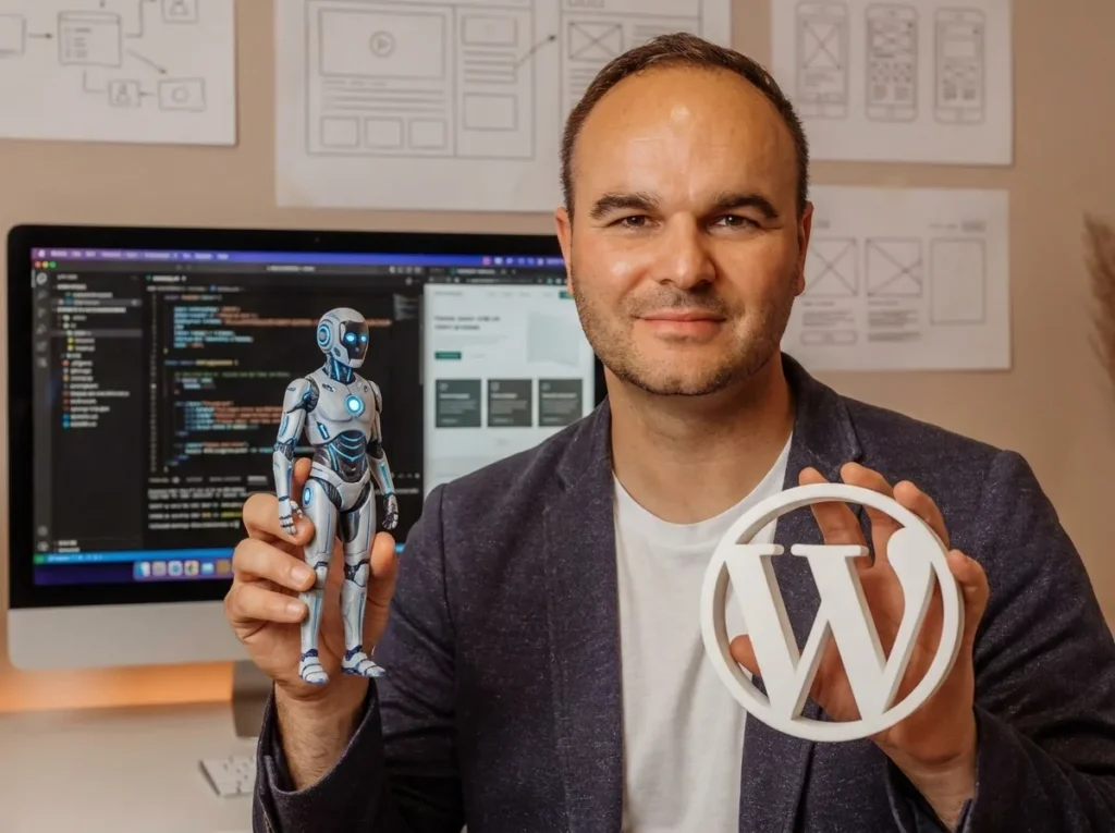 WordPress-Entwickler präsentiert KI-Roboter und WordPress-Logo in moderner Agentur mit Webdesign-Mockups