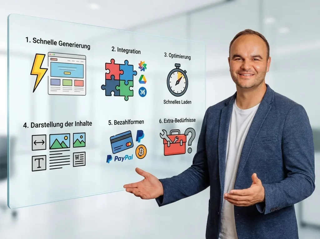 Webdesigner Philipp Ramsch präsentiert 6 Schritte professionellen Webdesigns auf glaserner Tafel mit Icons für schnelle Generierung, Integration, Optimierung und Bezahlformen.