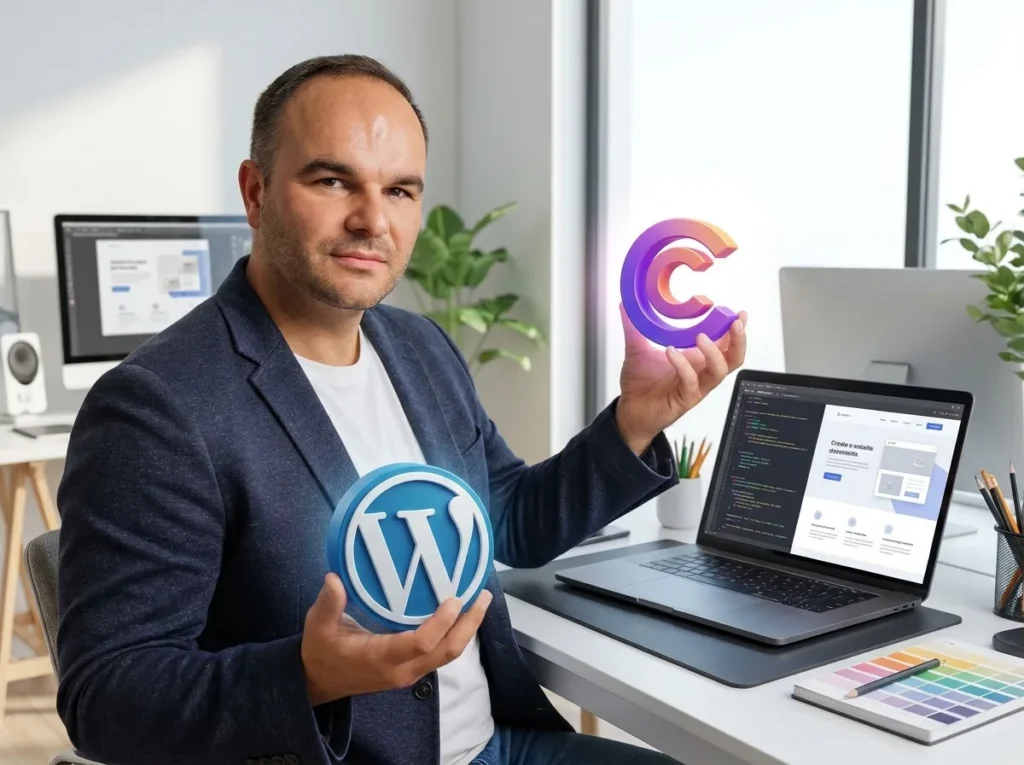 WordPress-Entwickler präsentiert Logo und Schnittstellen-Design im modernen Büro mit Laptop