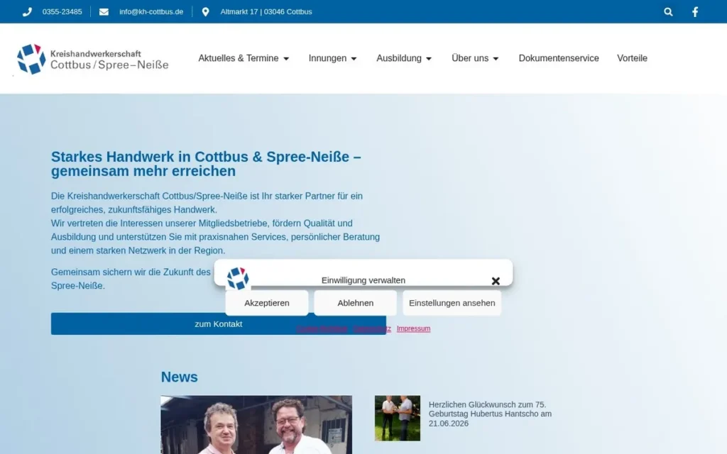 Kreishandwerkschaft Cottbus Spree-Neiße Homepage mit Handwerk Slogan und Kontaktinformationen für Handwerksbetriebe