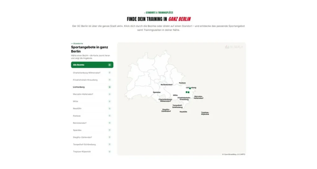 Interaktive Karte von Berlin zeigt Sportangebote in allen Bezirken mit grünen Markern an Lichtenberg und Friedrichshain-Kreuzberg