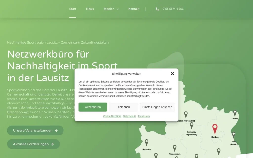 Netzwerkbüro Nachhaltigkeit Sport Lausitz: Webseite mit Landkarte und Standorten in der Region Lausitz zeigt nachhaltige Sportvereine und Projekte zur Zukunftsgestaltung.