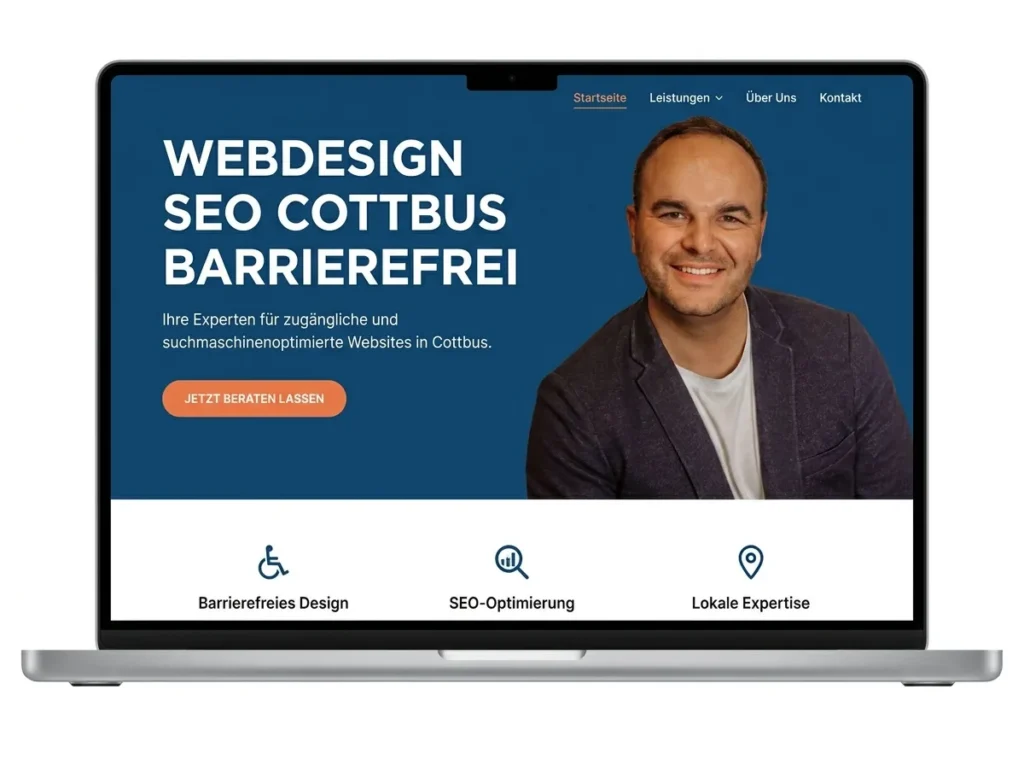 Webdesigner aus Cottbus präsentiert barrierefreies Webdesign und SEO-Optimierung auf moderner Website-Startseite mit Laptop-Ansicht