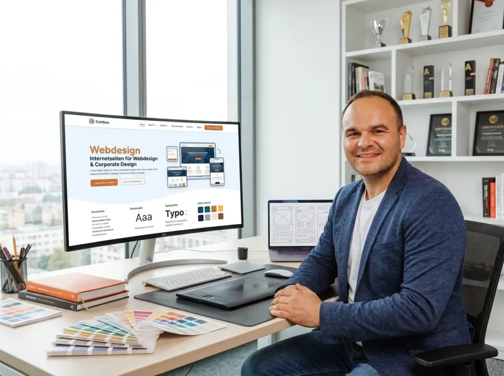 Webdesigner Philipp Ramsch präsentiert Corporate Design Projekt mit Farbpalette und Typografie auf Monitor