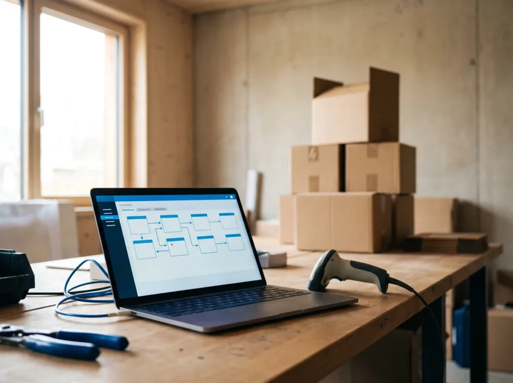 Werkbank mit Laptop, Prozessdarstellung und Versandkartons