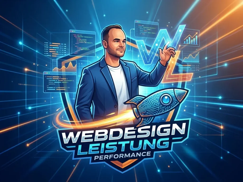Webdesigner präsentiert Webdesign Leistung mit Rakete, Code-Fenster und Wachstumsgrafiken in modernem digitalen Umfeld