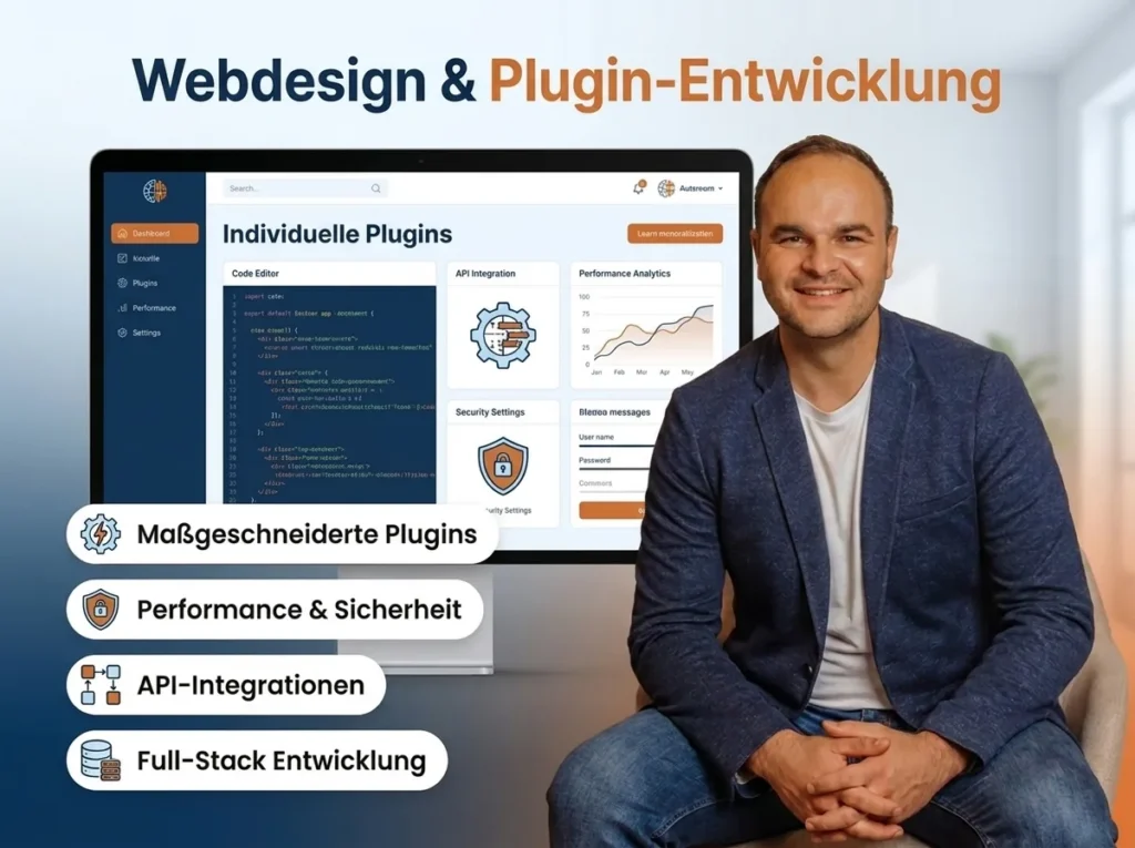 Webdesigner Philipp Ramsch präsentiert maßgeschneiderte Plugin-Entwicklung mit Code Editor, API-Integrationen und Performance Analytics