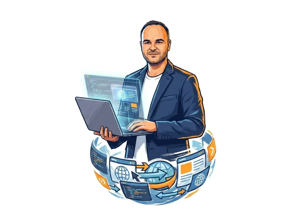 Webdesigner mit Laptop entwickelt digitale Lösung, umgeben von Code und Globus-Symbolen für Web-Technologie und Online-Entwicklung.