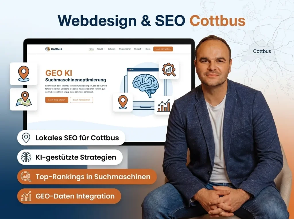 Webdesigner Philipp Ramsch sitzt vor Laptop mit GEO KI Suchmaschinenoptimierung für Cottbus Web-Design Agentur