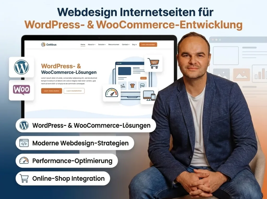 Webdesigner präsentiert WordPress- und WooCommerce-Lösungen für professionelle Webentwicklung und Online-Shop-Integration auf modernem Monitor.