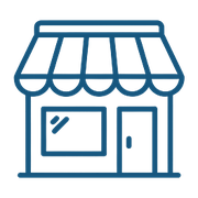 Einzelhandelsgeschäft mit blauem Markisendach, Schaufenstern und Eingangstür - Shop-Symbol für Webdesign und E-Commerce-Lösungen