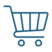 Einkaufswagen Symbol: Blaues Icon zeigt Warenkorb mit Rädern für Online-Shop und E-Commerce Webdesign