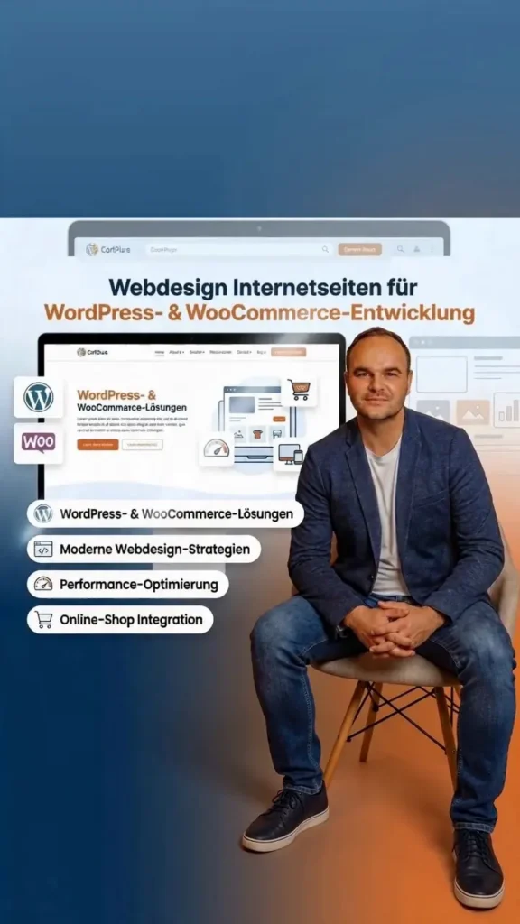 Webdesigner präsentiert WordPress- und WooCommerce-Lösungen mit Laptop, Symbolen für moderne Webdesign-Strategien, Performance-Optimierung und Online-Shop-Integration sichtbar.