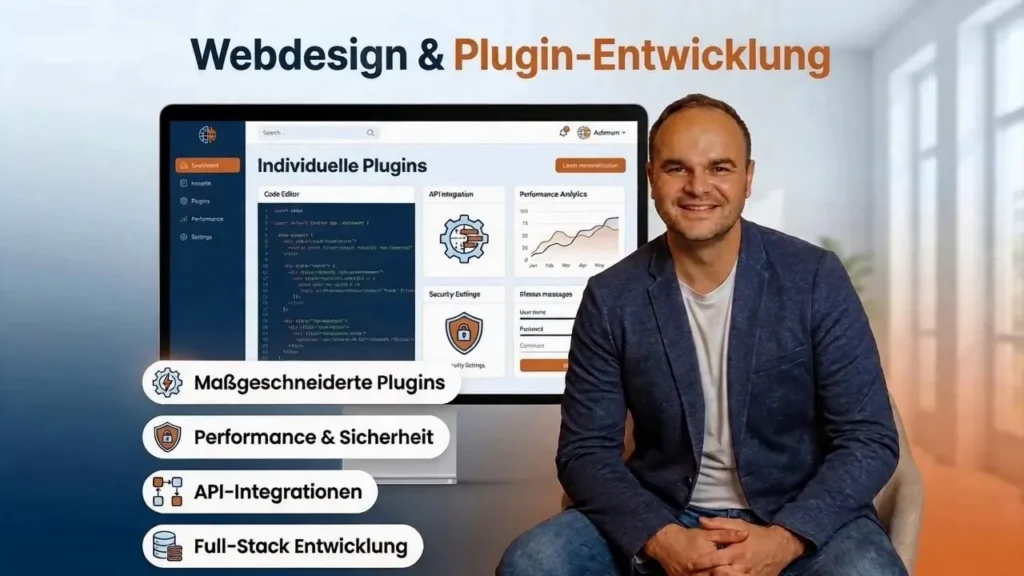 Webdesigner Philipp Ramsch präsentiert Webdesign und Plugin-Entwicklung mit Dashboard für individuelle Plugins, Code-Editor und Performance-Analytics