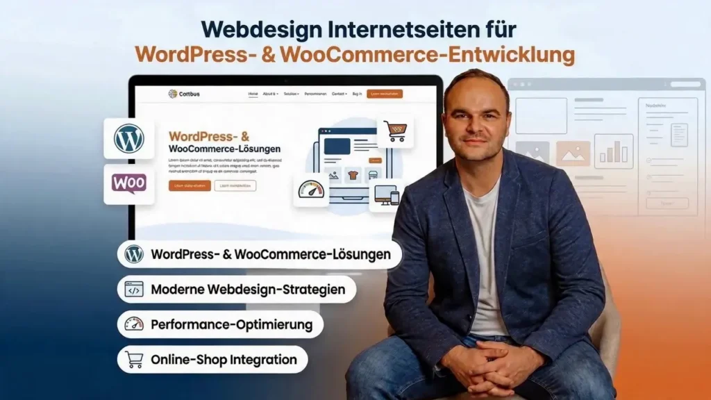 Webdesigner präsentiert WordPress- und WooCommerce-Lösungen für Internetseiten und Online-Shop-Integration vor modernem Hintergrund